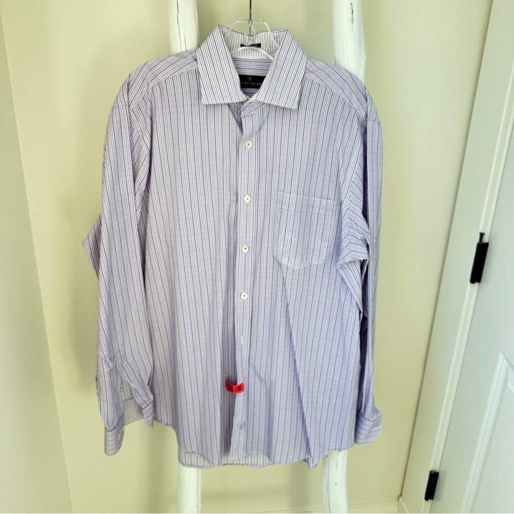 Bugatchi Men’s Purple and White Pinstripe Dress Shirt SZ Large - Picture 2 of 13